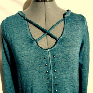 ROCK & REPUBLIC Studs Sweatshirt Top XS Blue Caged V-neck LS Trendy mineral wash